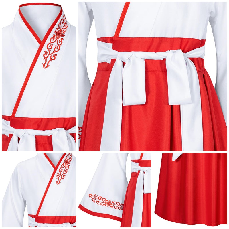 Elibelle Asian Traditional Dress Kimono Robe for Kids Girls Costume Silk Folding Fans hairstick Cosplay(White Red 110cm - Image 4